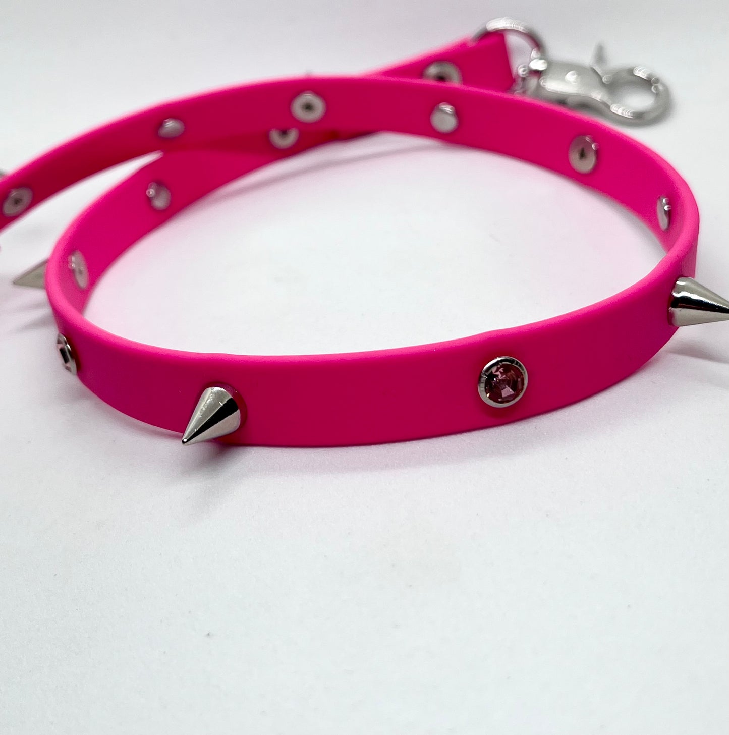 'Diamanté Drama' Bright Pink BioThane® Diamanté & Spiked Studded Collar