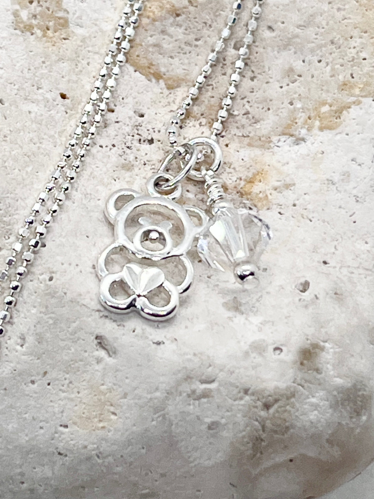 925 'Teddy Birthstone' Charm Necklace - Sterling Silver Diamond Cut Ball Chain & Heart Charm