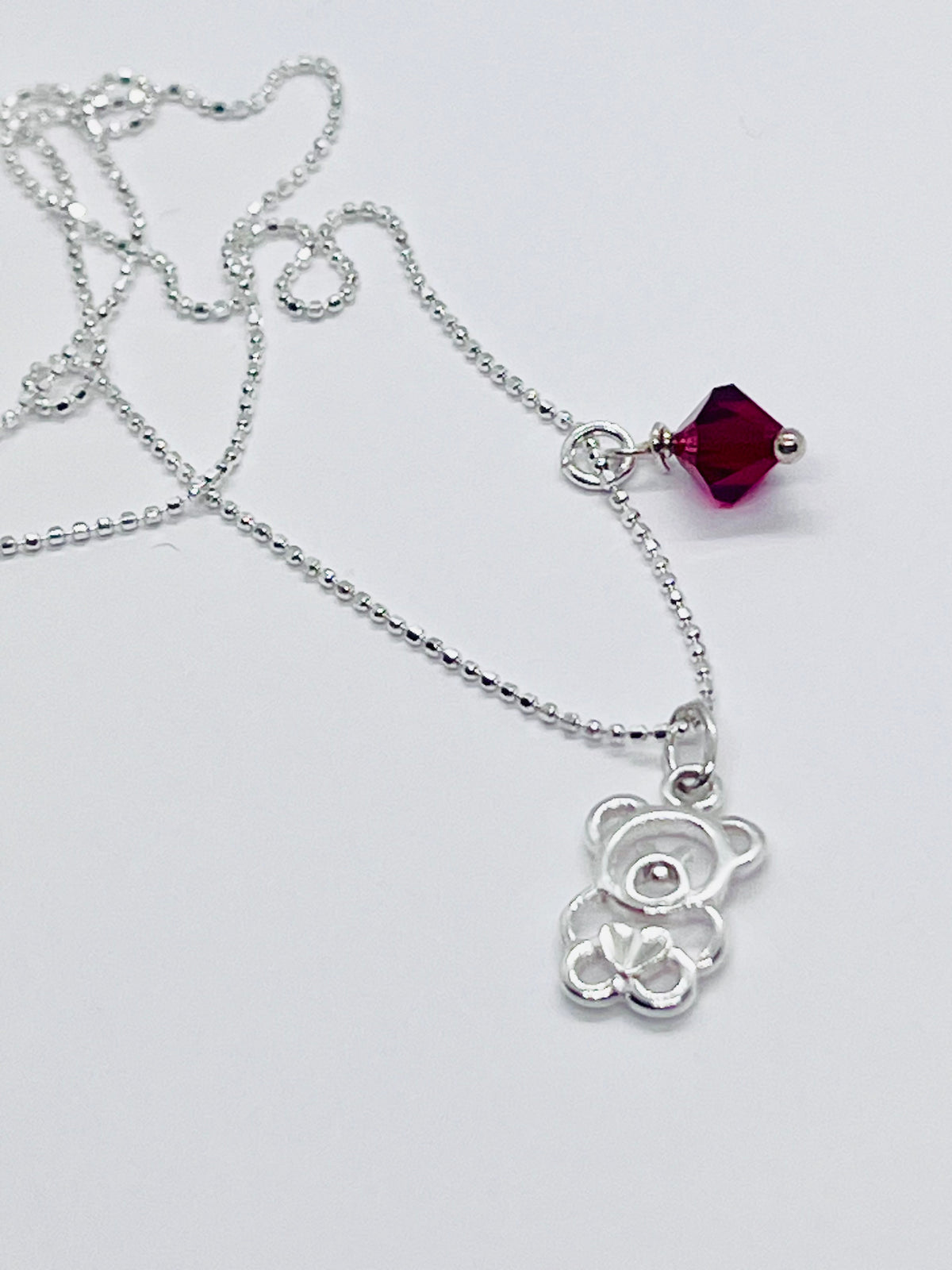 925 'Teddy Birthstone' Charm Necklace - Sterling Silver Diamond Cut Ball Chain & Heart Charm