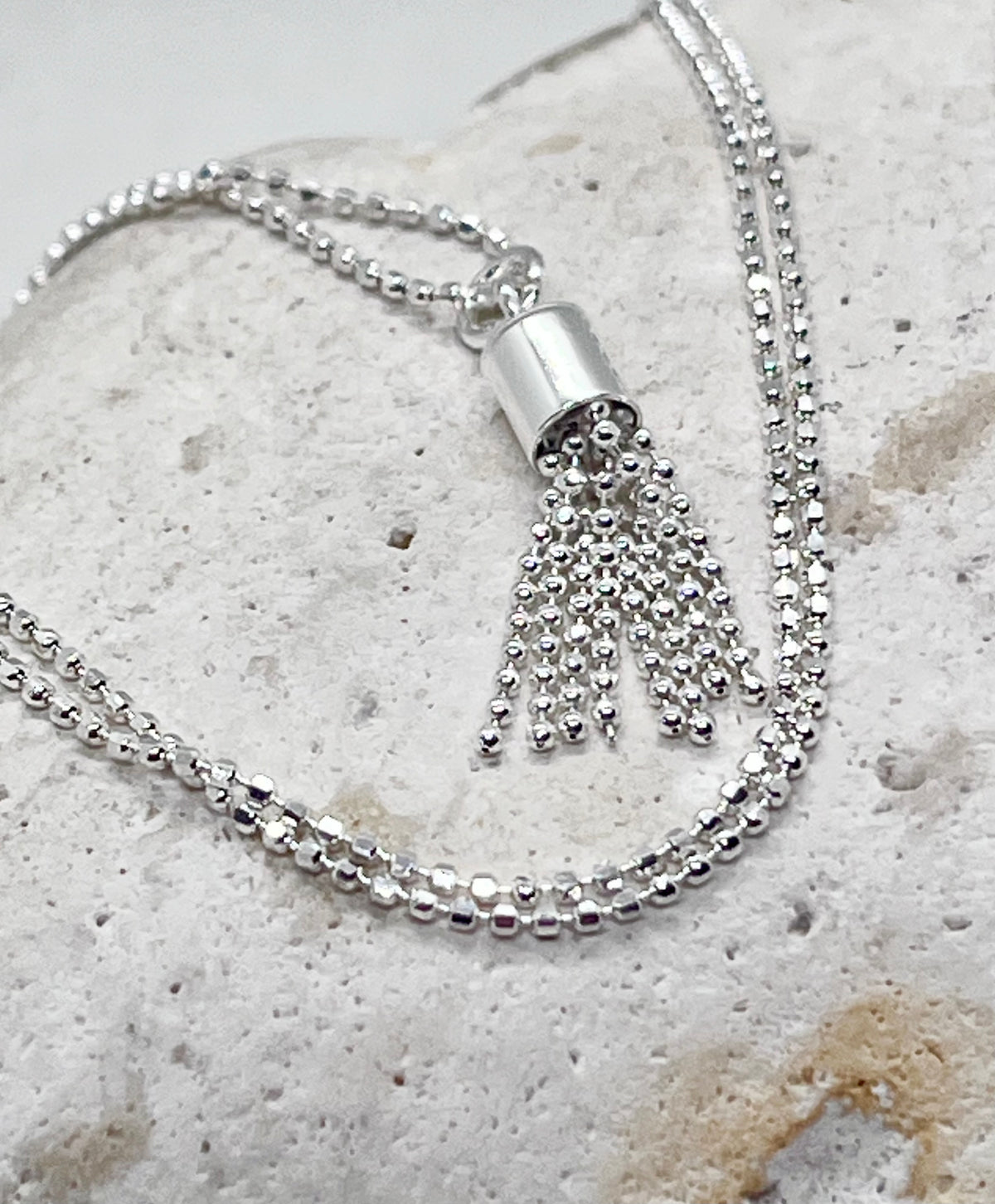 925 'Tassel Love' Tassel Heart Charm Necklace - Sterling Silver Diamond Cut Ball Chain