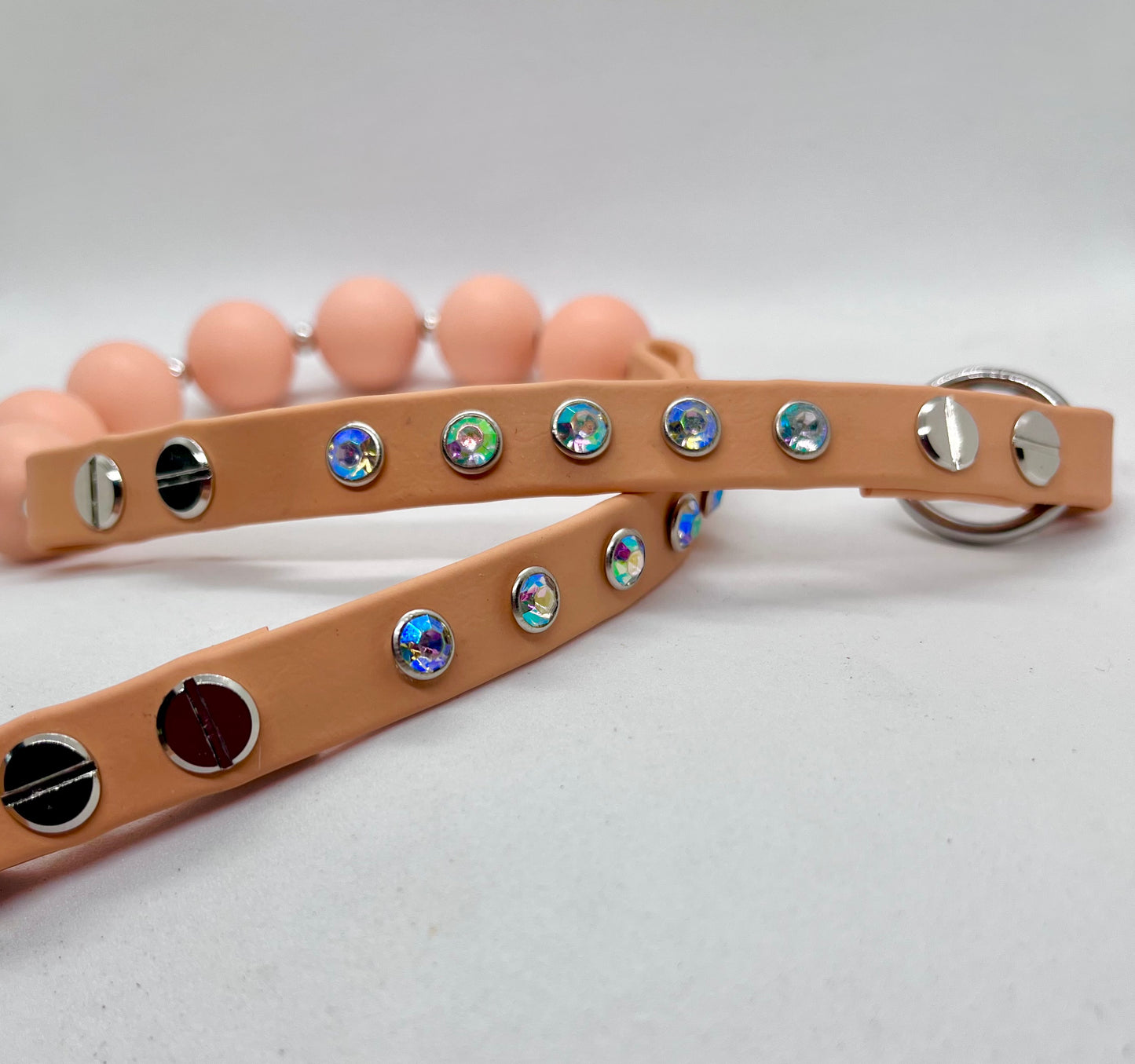 'Peachy Luxe' Peach Bead & BioThane® Collar with Iridescent Diamé Studs | Dog Necklace | JOOLS LONDON