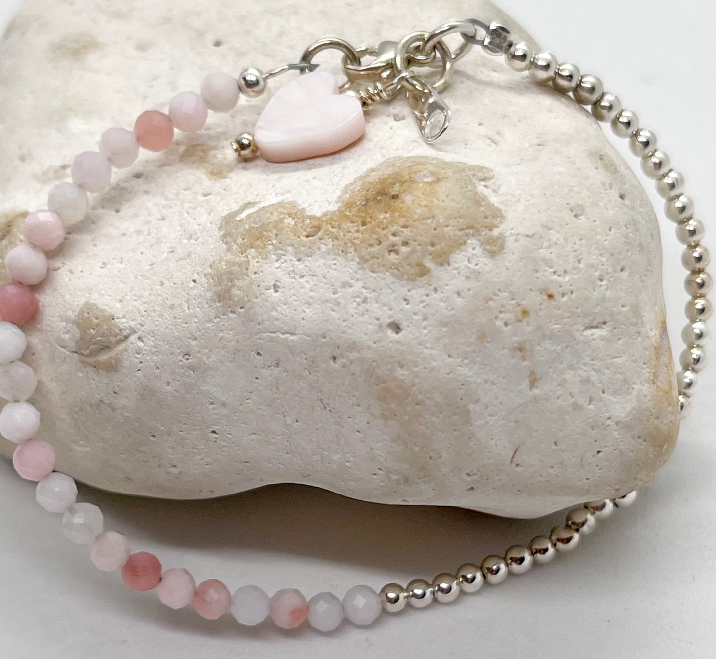 925 sterling silver 'Pink Opal 50-50’ boho style bead bracelet