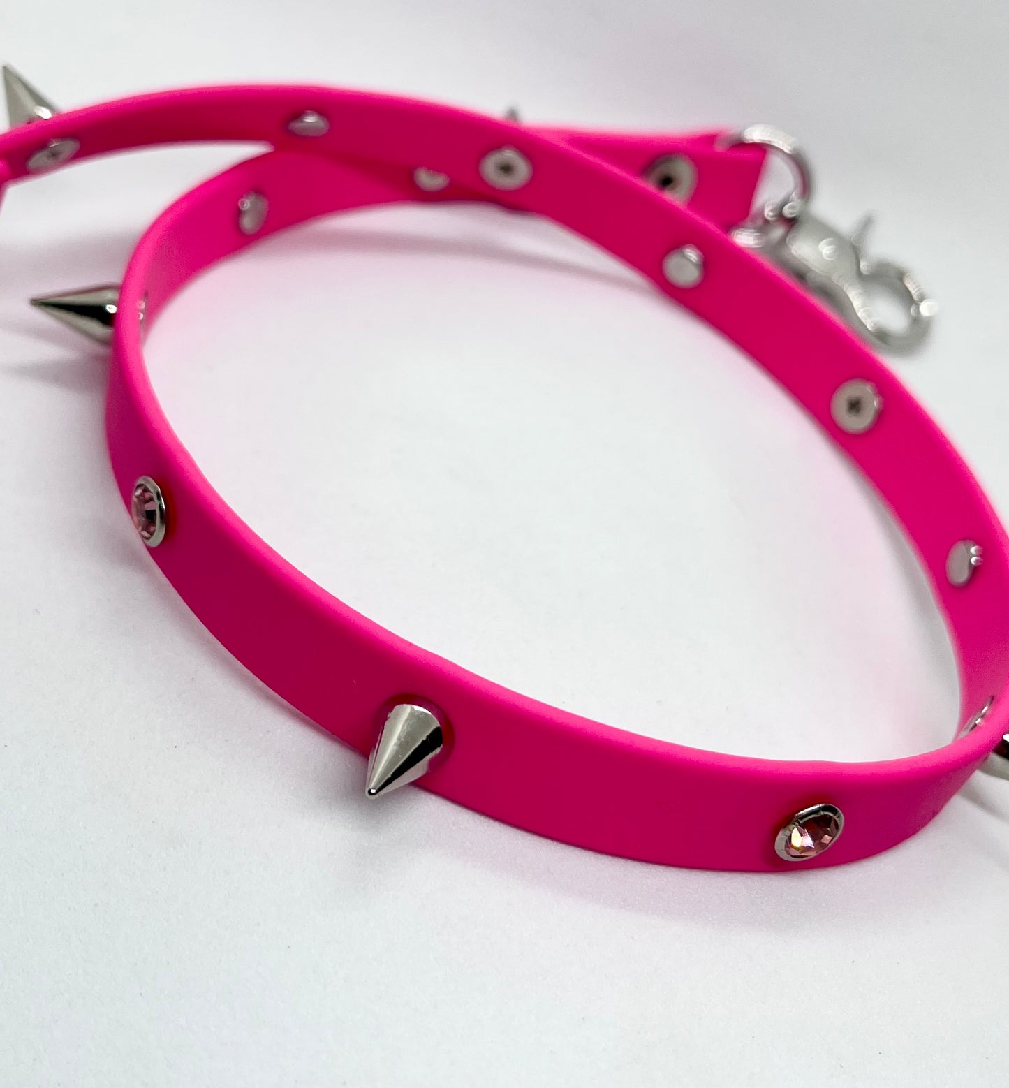 'Diamanté Drama' Bright Pink BioThane® Diamanté & Spiked Studded Collar