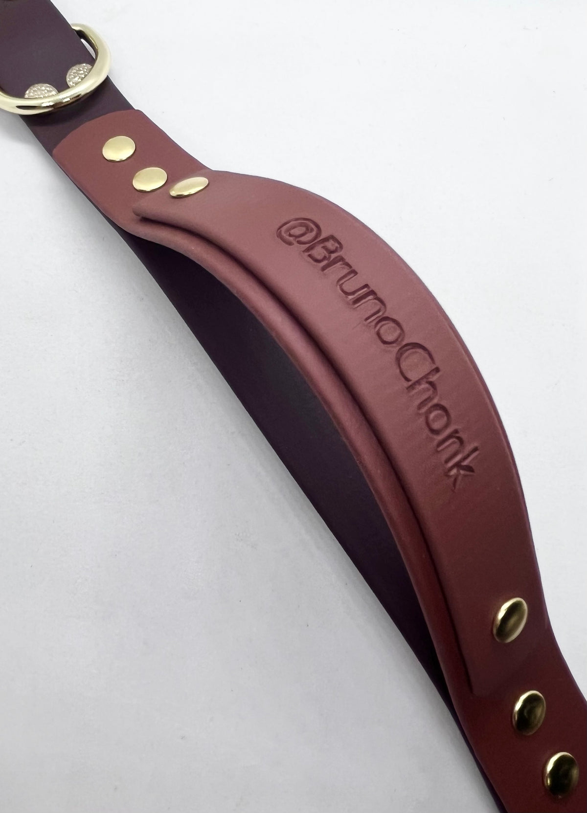Brown BioThane® dog collar with gold-toned spikes, diamanté rivets and a personalised embossed handle