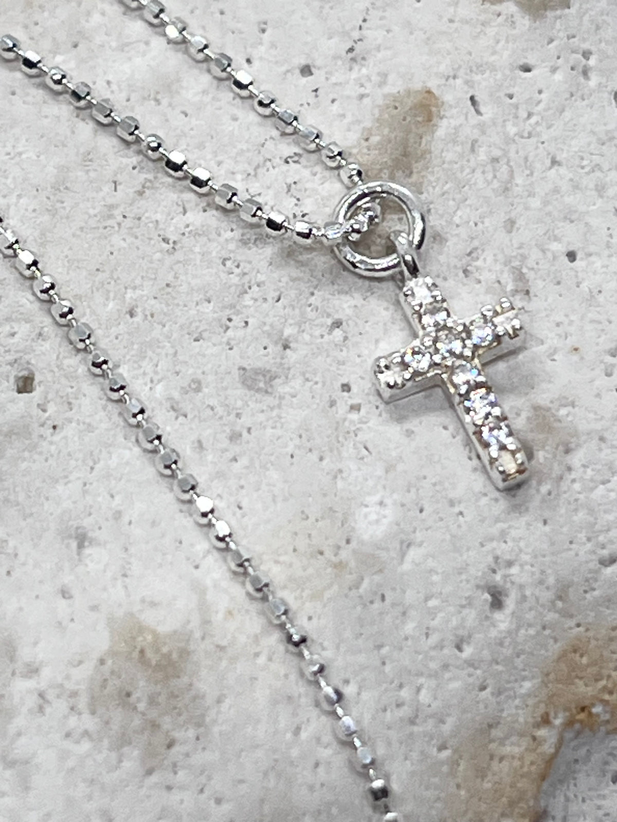 925 'Diamanté Cross' Charm Necklace - Sterling Silver Diamond Cut Ball Chain