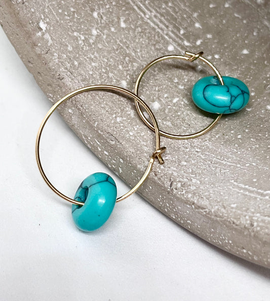‘Turquoise Zen’ 14k Gold Turquoise donut plain fine wire ear hoop earrings