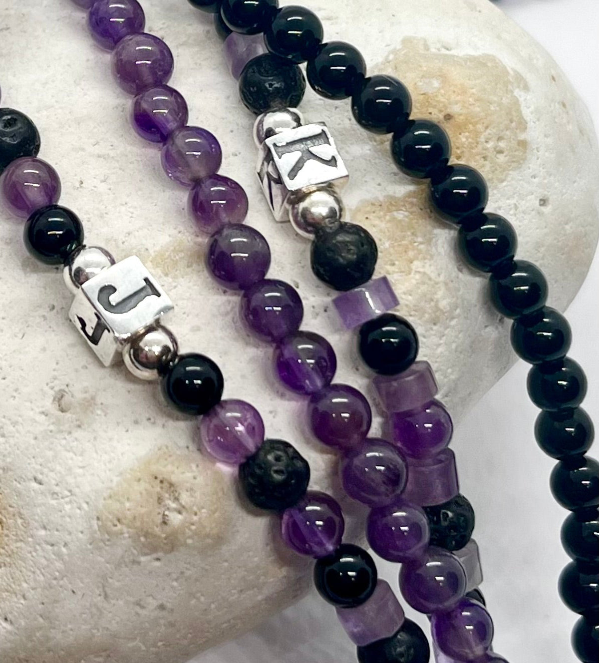 'Amethyst Cube Charm’ unisex genuine Amethyst, Black Onyx, Lava bead & 925 sterling silver personalised cube letter bracelet