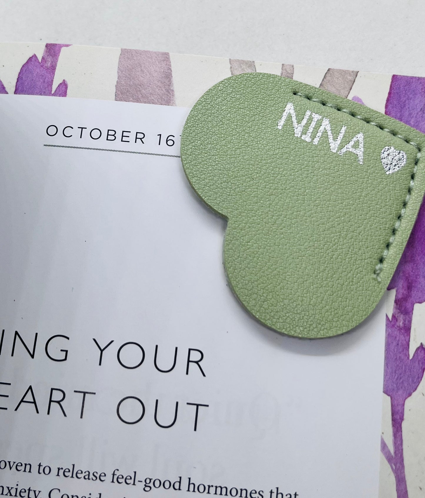 Personalised Vegan Leather Heart Bookmark Silver Foil