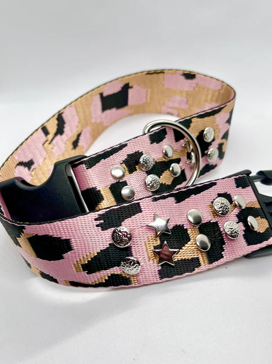 'Pink Shimmer' leopard print studded collar with D ring 38mm