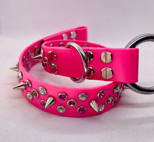Neon pink rhinestone crystal BioThane dog collar coiled on white background | JOOLS LONDON