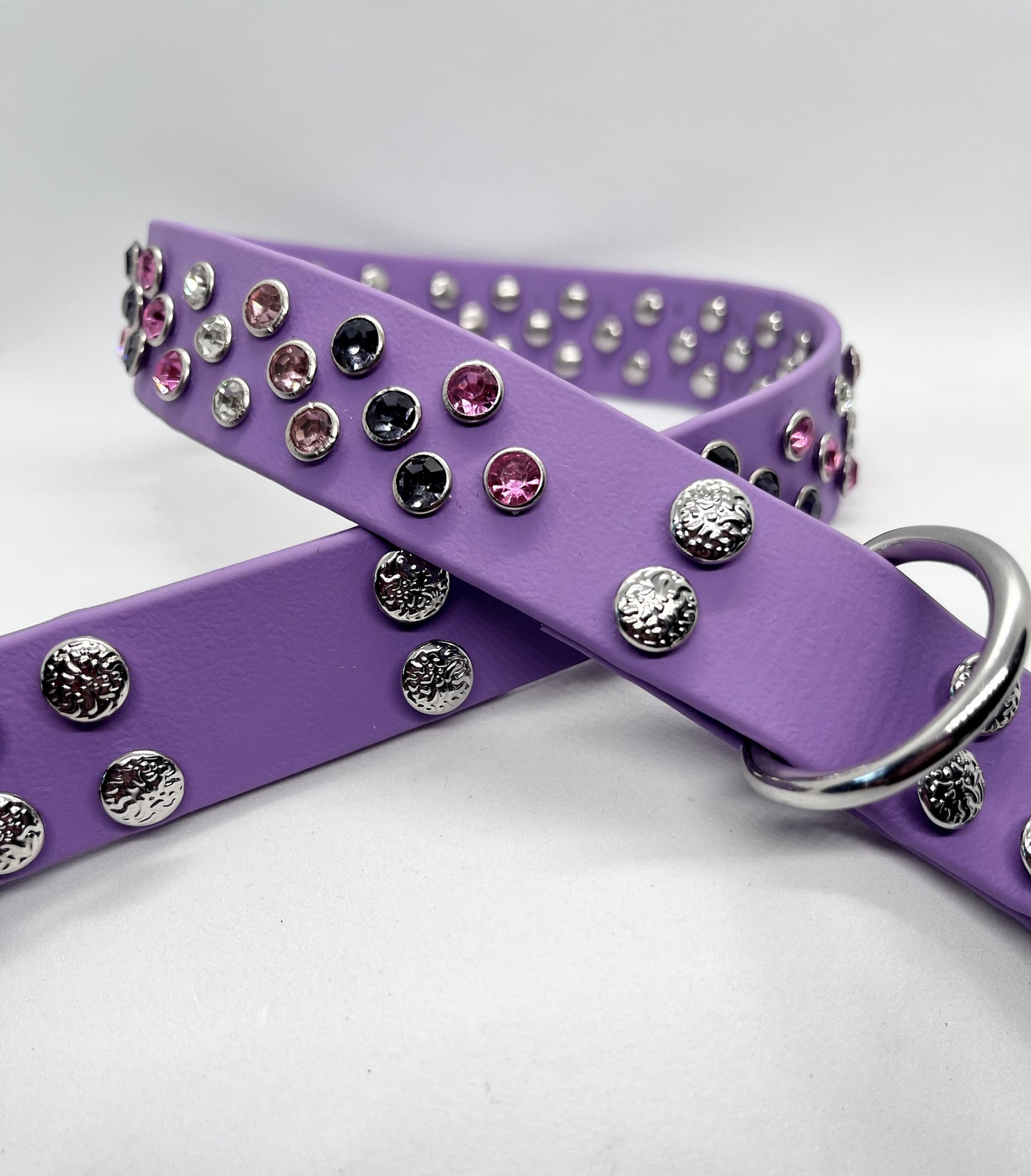 ‘All That Glitters’ rhinestone crystal sparkly spiked studded dog D-ring slip on BioThane®  collar with stainless steel hardware