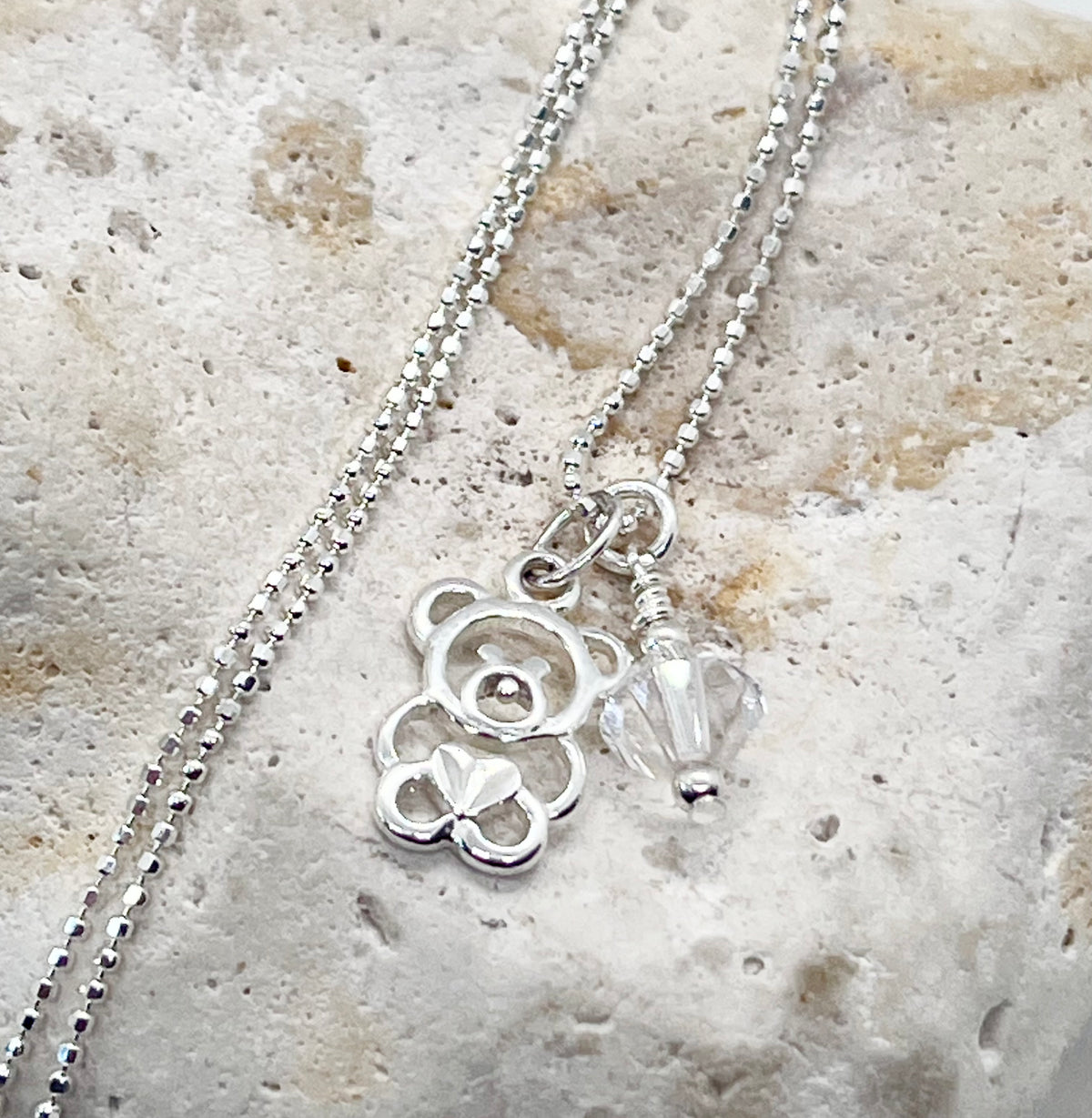 925 'Teddy Birthstone' Charm Necklace - Sterling Silver Diamond Cut Ball Chain & Heart Charm