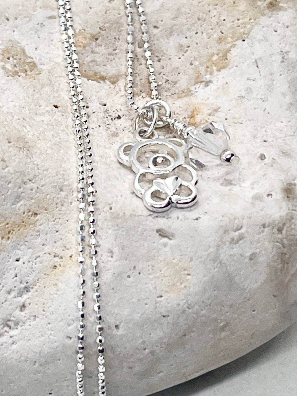 925 'Teddy Birthstone' Charm Necklace - Sterling Silver Diamond Cut Ball Chain & Heart Charm