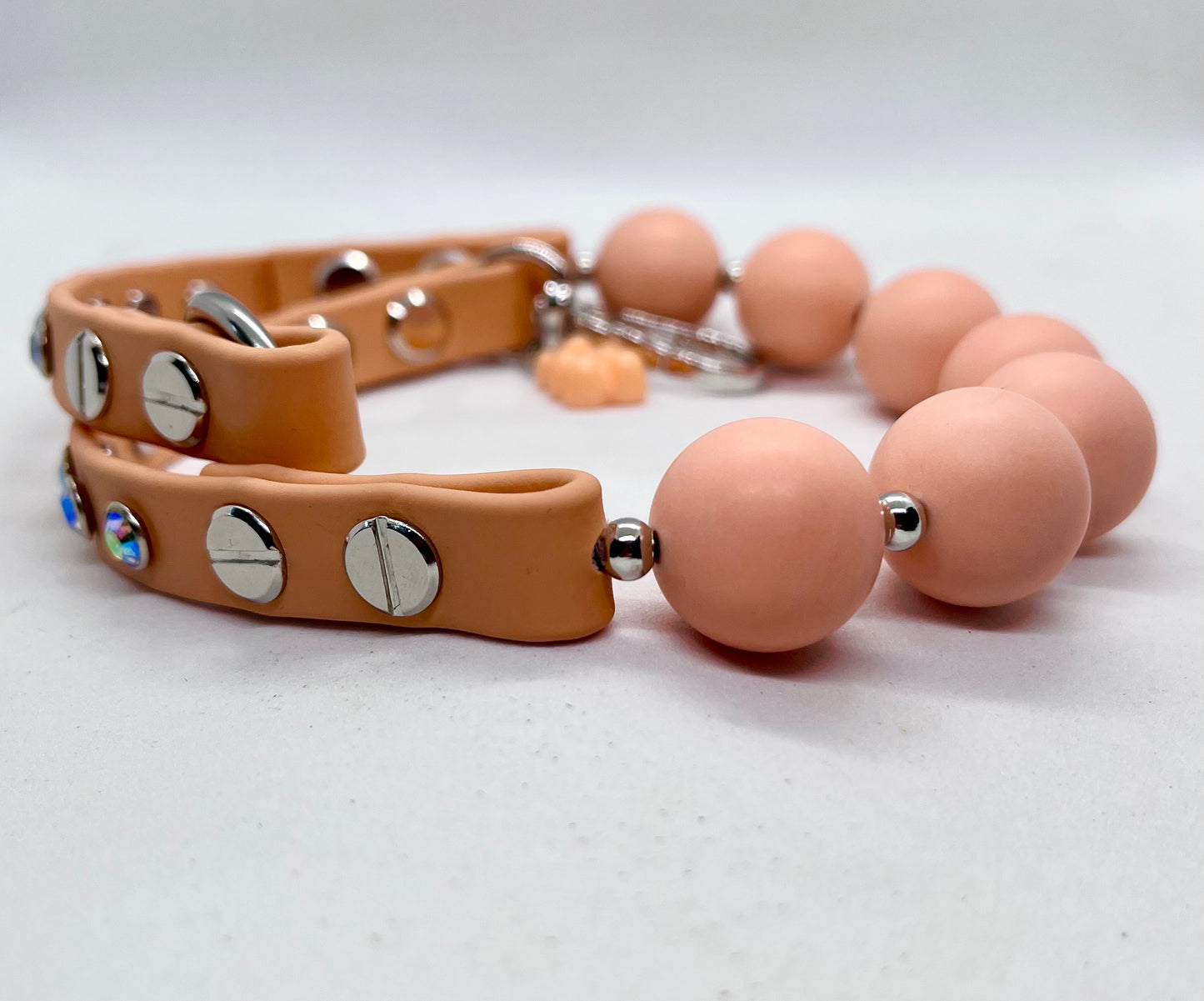 'Peachy Luxe' Peach Bead & BioThane® Collar with Iridescent Diamé Studs | Dog Necklace | JOOLS LONDON