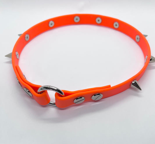 'Oh Really' Neon biothane studded collar with silver or gunmetal spike cone studs