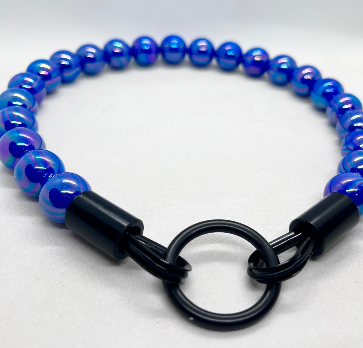 Iridescent Blue 'Top Dog' Beaded Collar with Matte Black Stainless Steel Hardware