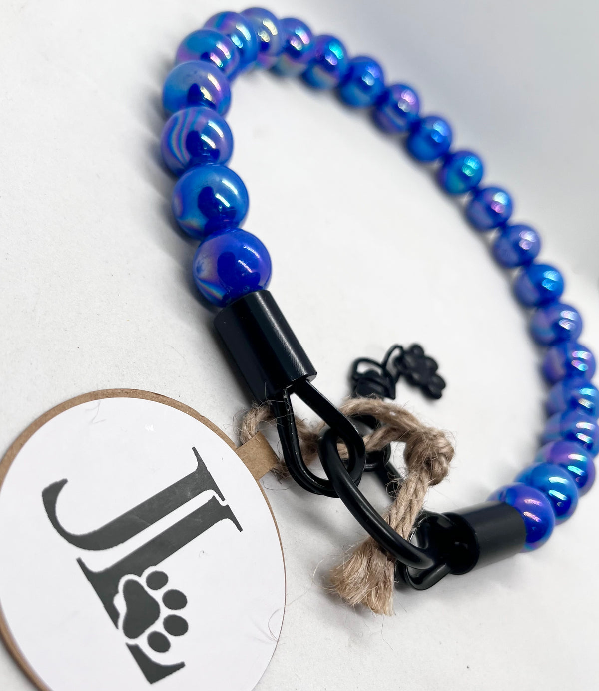 Iridescent Blue 'Top Dog' Beaded Collar with Matte Black Stainless Steel Hardware