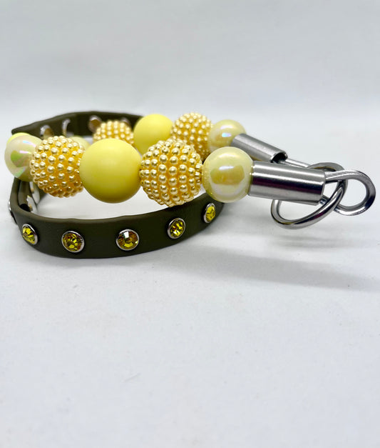 'So Chic' Yellow Beaded Dog Collar - Khaki BioThane® with Diamanté Studs