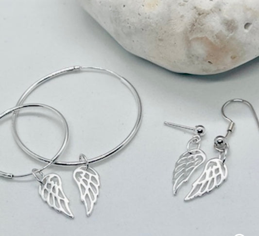 925 sterling silver angel wing hoop, drop & stud