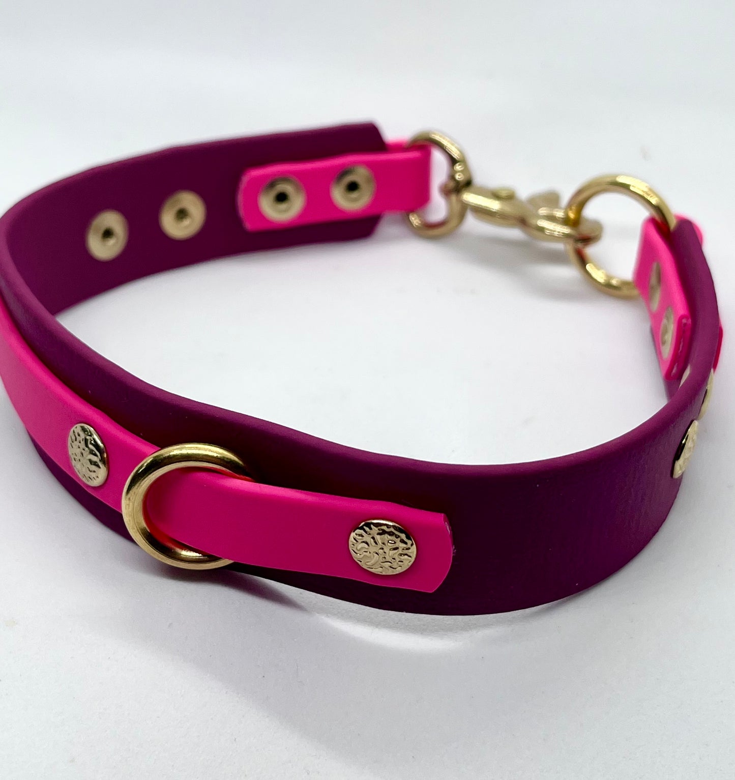 'How Posh' burgundy & pink BioThane® collar with gold steel rivets | JOOLS LONDON
