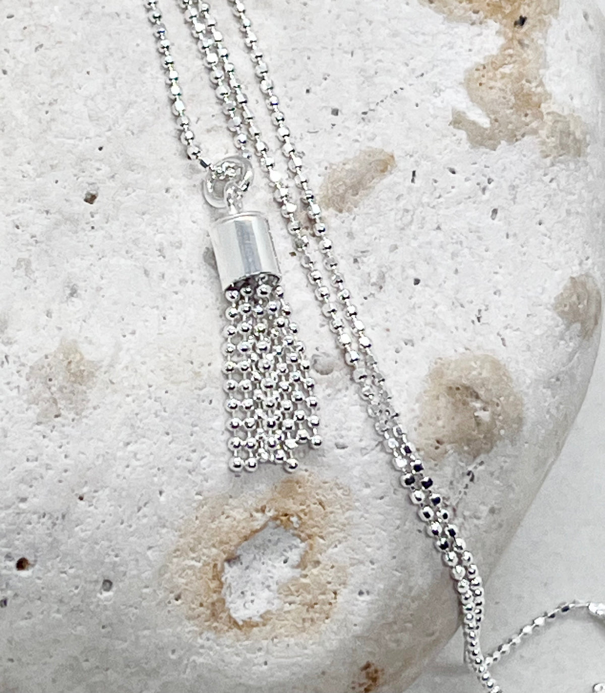 925 'Tassel Love' Tassel Heart Charm Necklace - Sterling Silver Diamond Cut Ball Chain