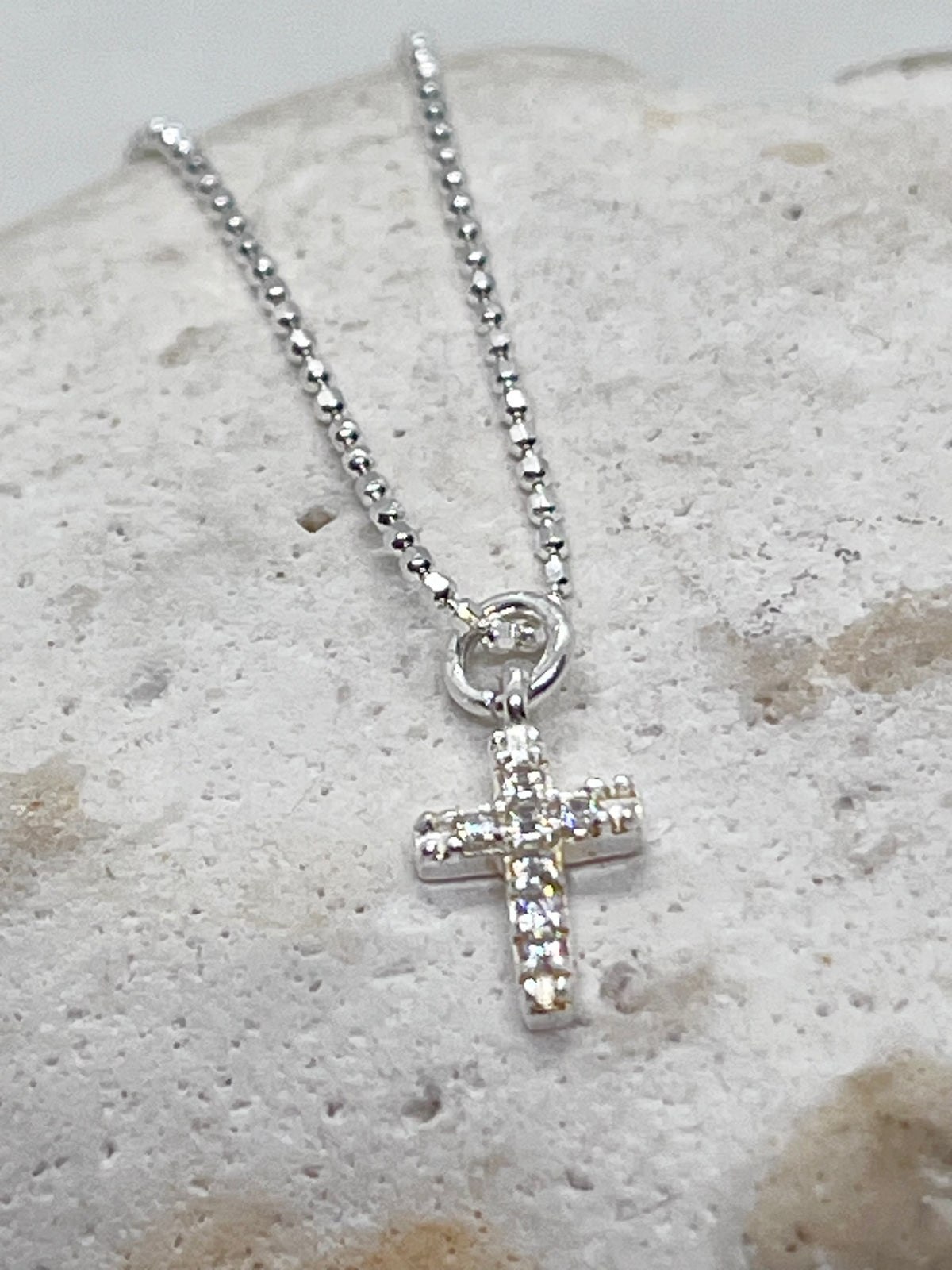 925 'Diamanté Cross' Charm Necklace - Sterling Silver Diamond Cut Ball Chain