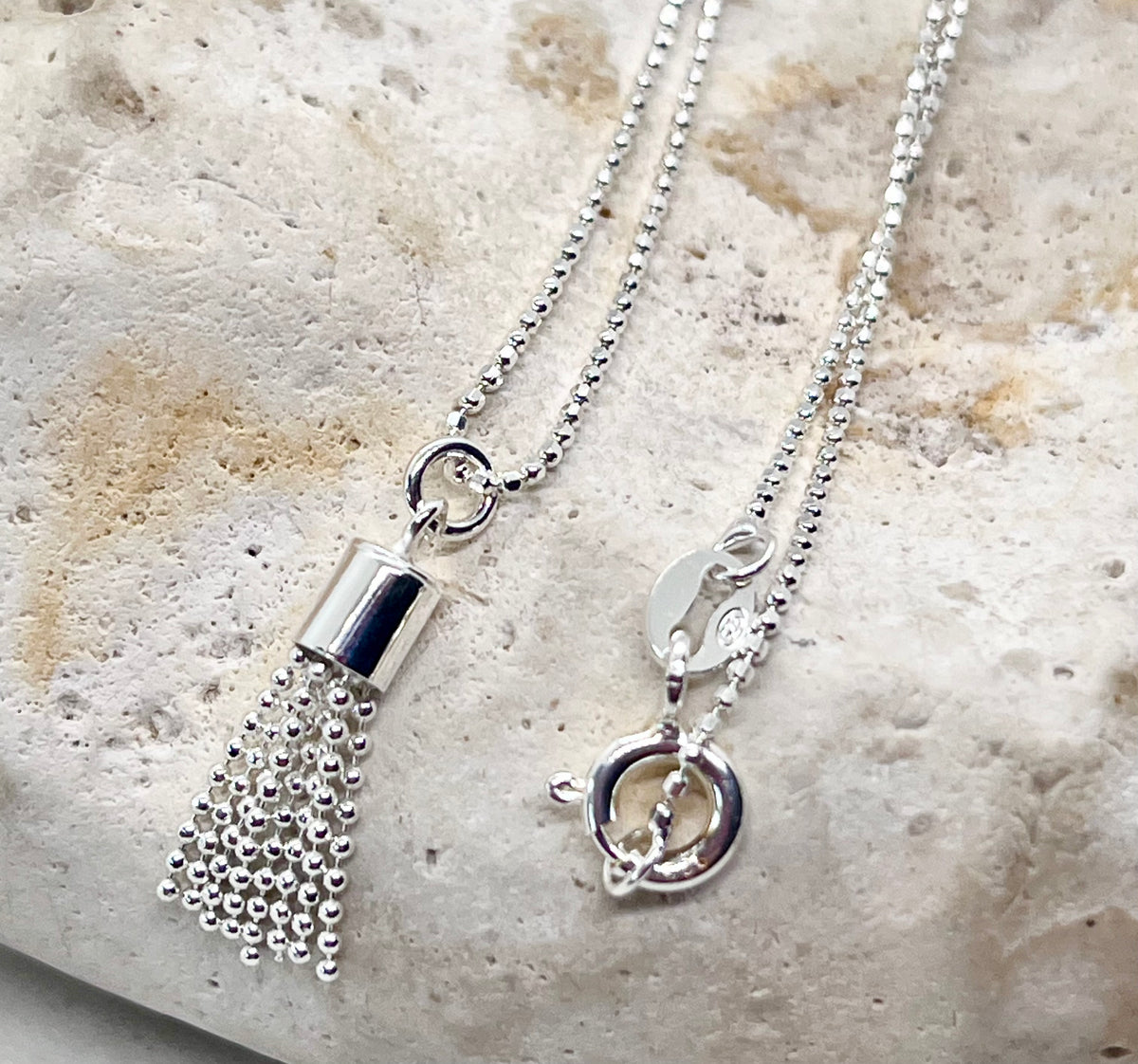 925 'Tassel Love' Tassel Heart Charm Necklace - Sterling Silver Diamond Cut Ball Chain