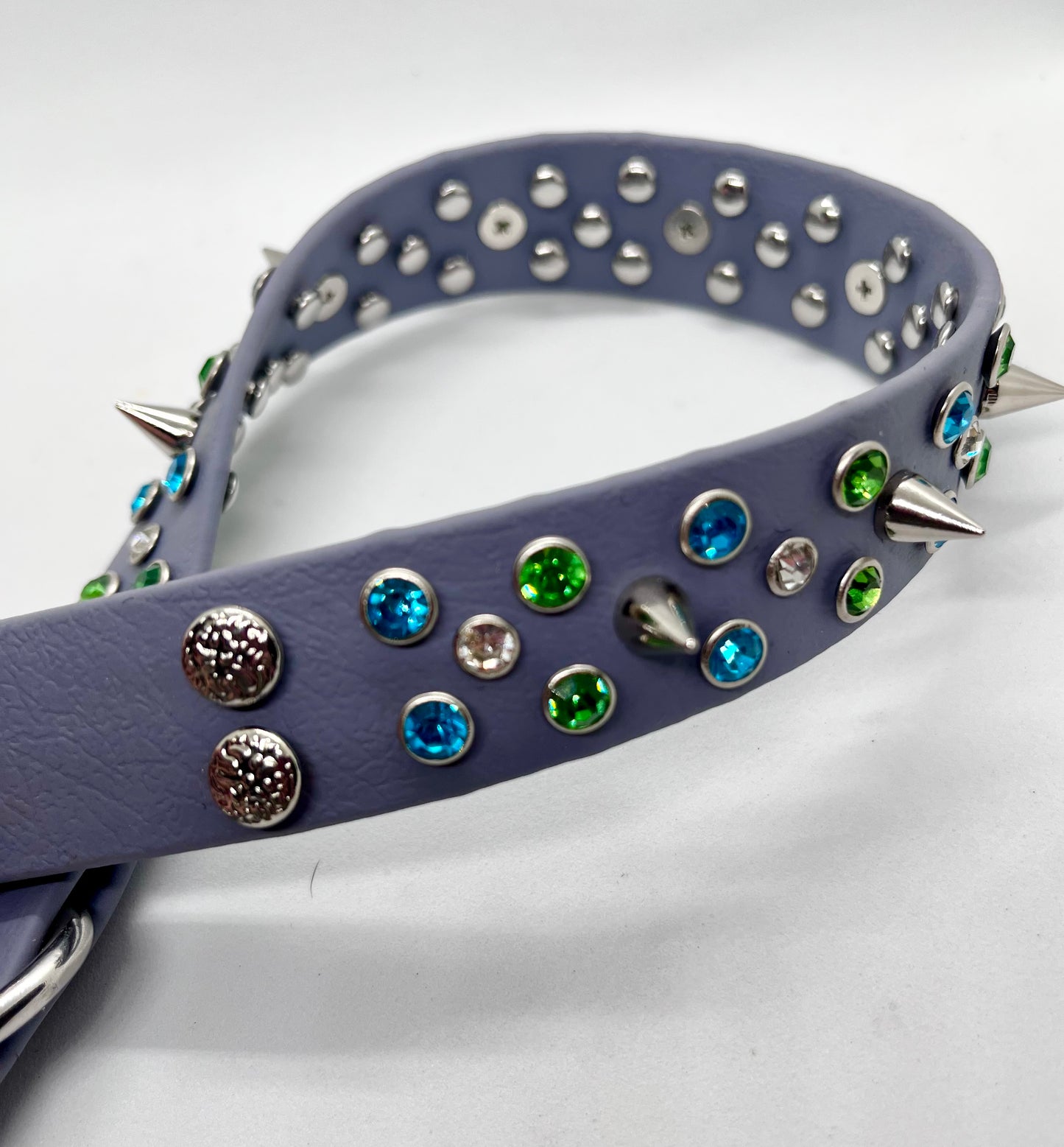 ‘Rhinestone Rebel’ turquoise green & white rhinestone crystal sparkly spiked studded dog D-ring BioThane® collar with stainless steel hardware