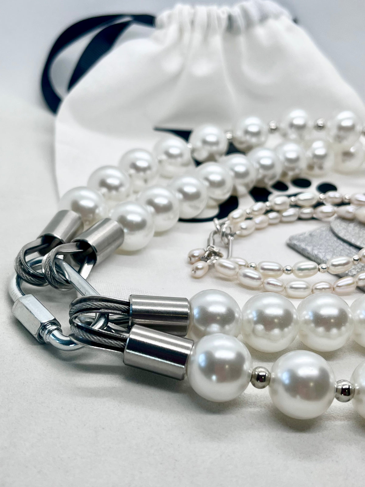 925 ‘Pearl Bond’ Double-Layer Freshwater Pearl & Bead Bracelet with Hallmarked Industrial Chic Carabiner Clasp