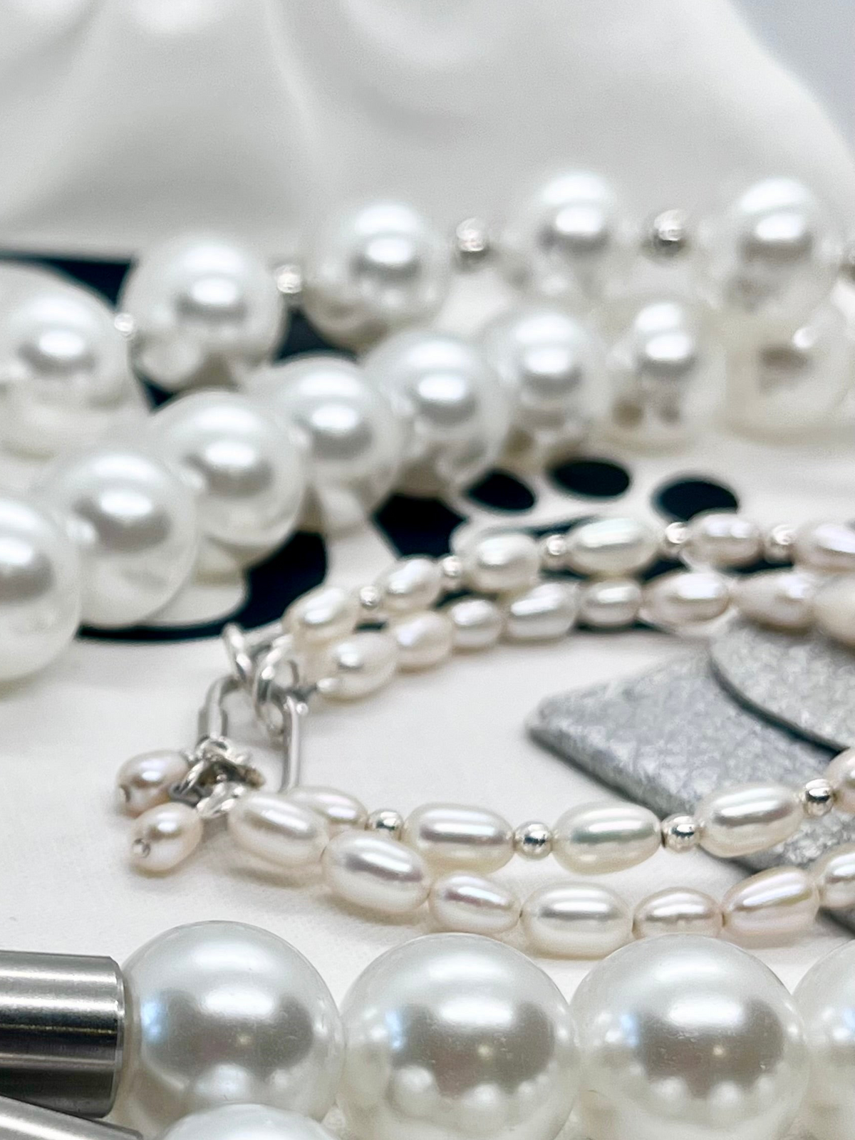 925 ‘Pearl Bond’ Double-Layer Freshwater Pearl & Bead Bracelet with Hallmarked Industrial Chic Carabiner Clasp
