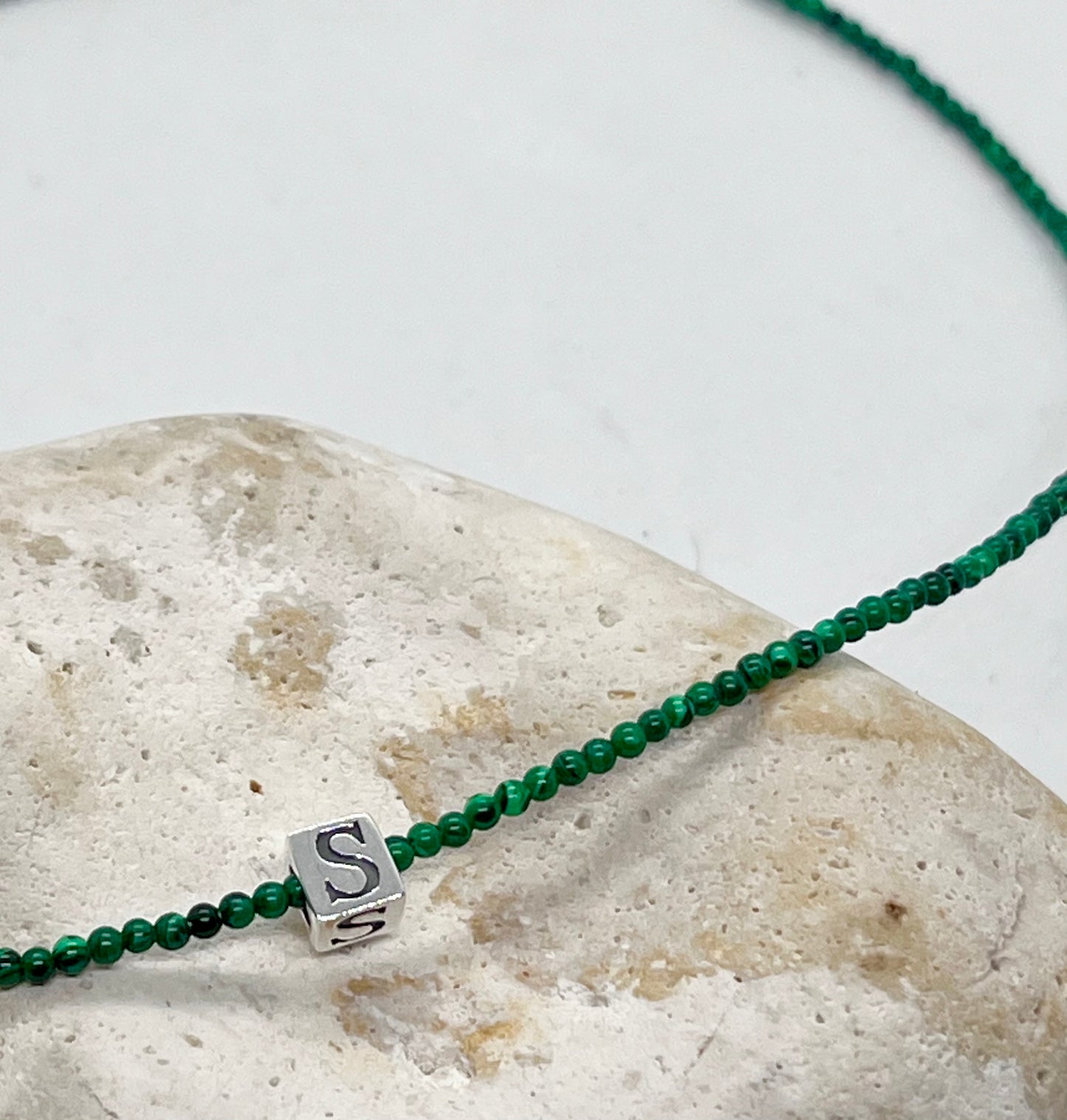 Malachite beaded necklace choker 925 sterling silver cube initial