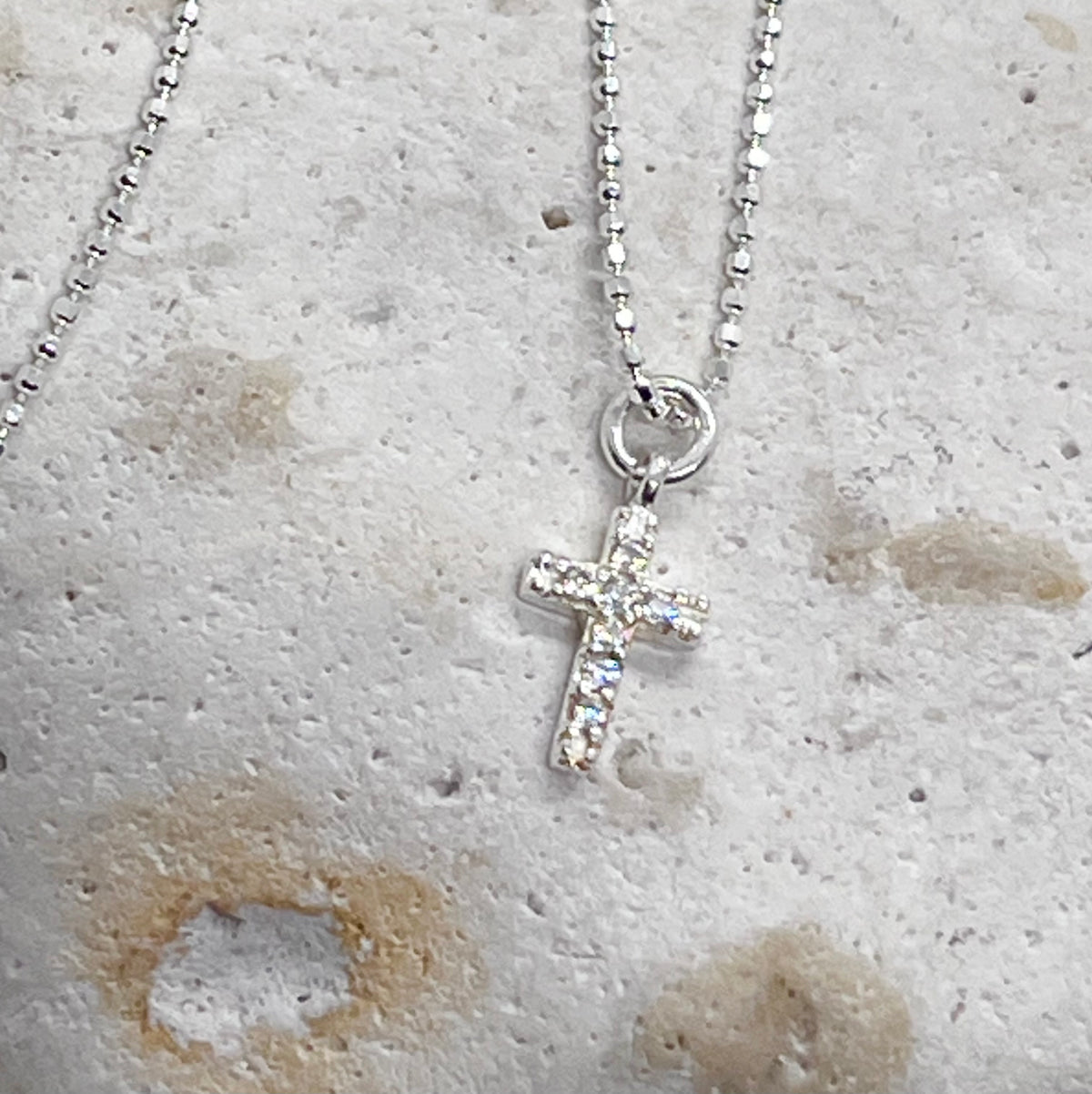 925 'Diamanté Cross' Charm Necklace - Sterling Silver Diamond Cut Ball Chain