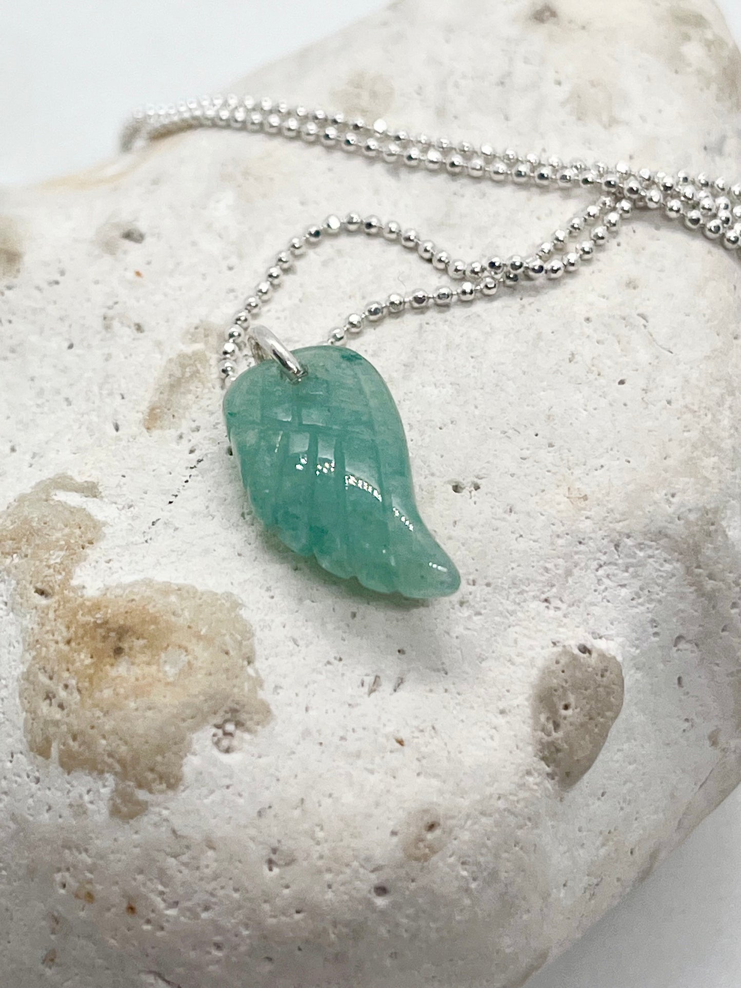 'Aventurine Glow' Green Aventurine Carved Angel Wing Necklace - 925 Sterling Silver Diamond Cut Ball Chain