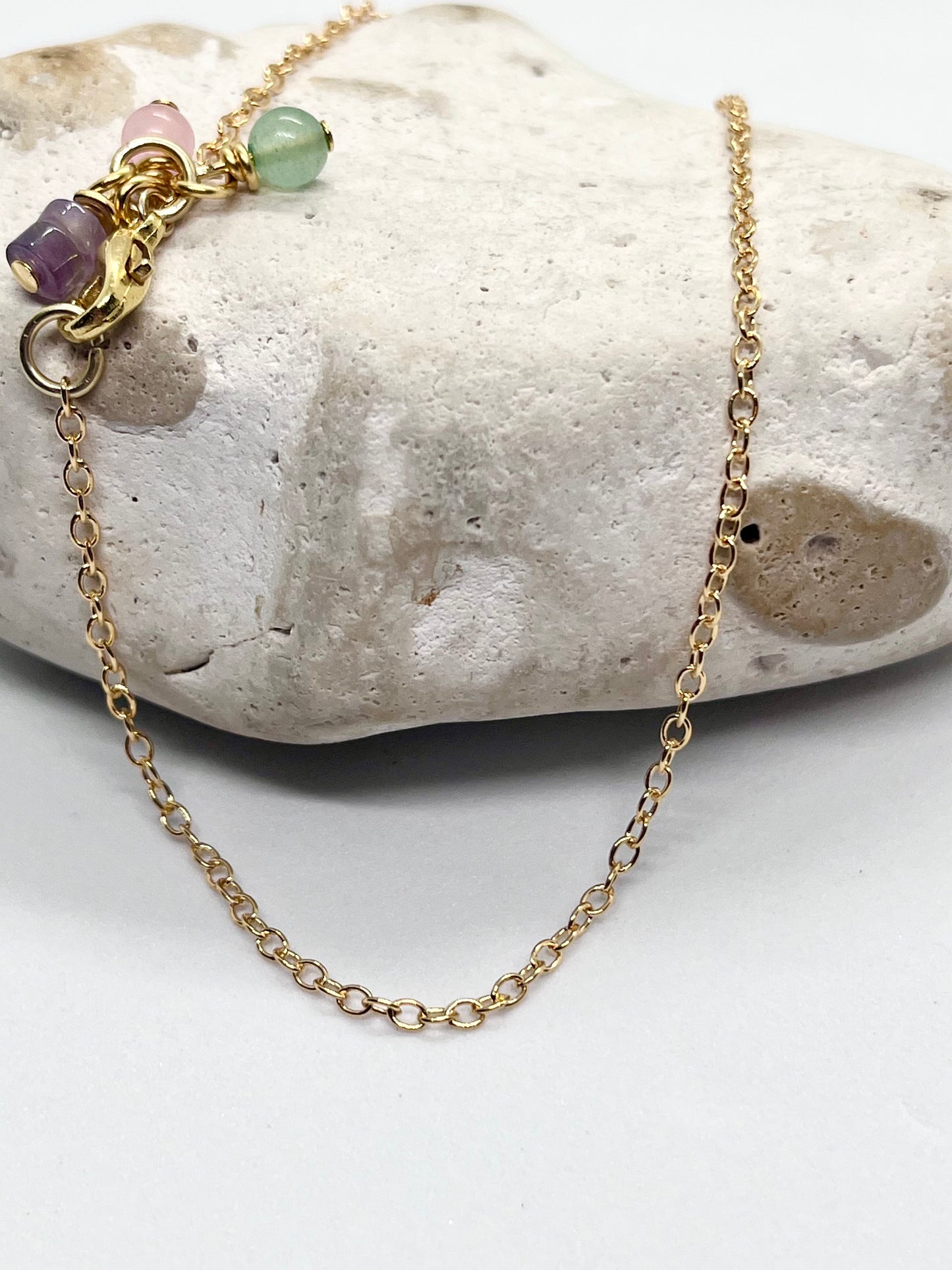 Gold ankle bracelet cable chain with gemstone crystals