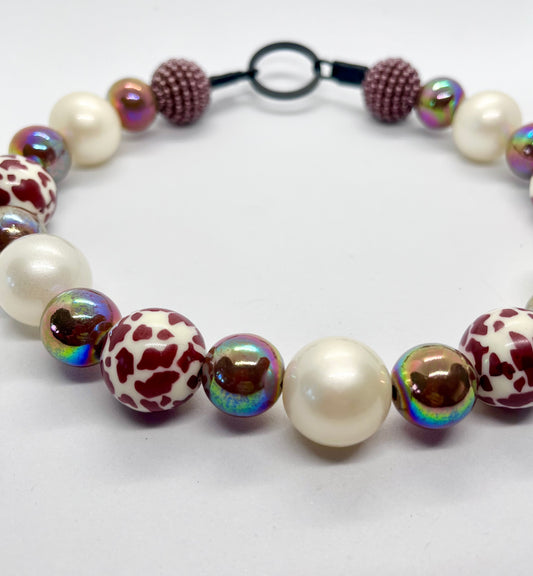 ‘Oh You’ brown animal print & pearl beaded dog collar necklace