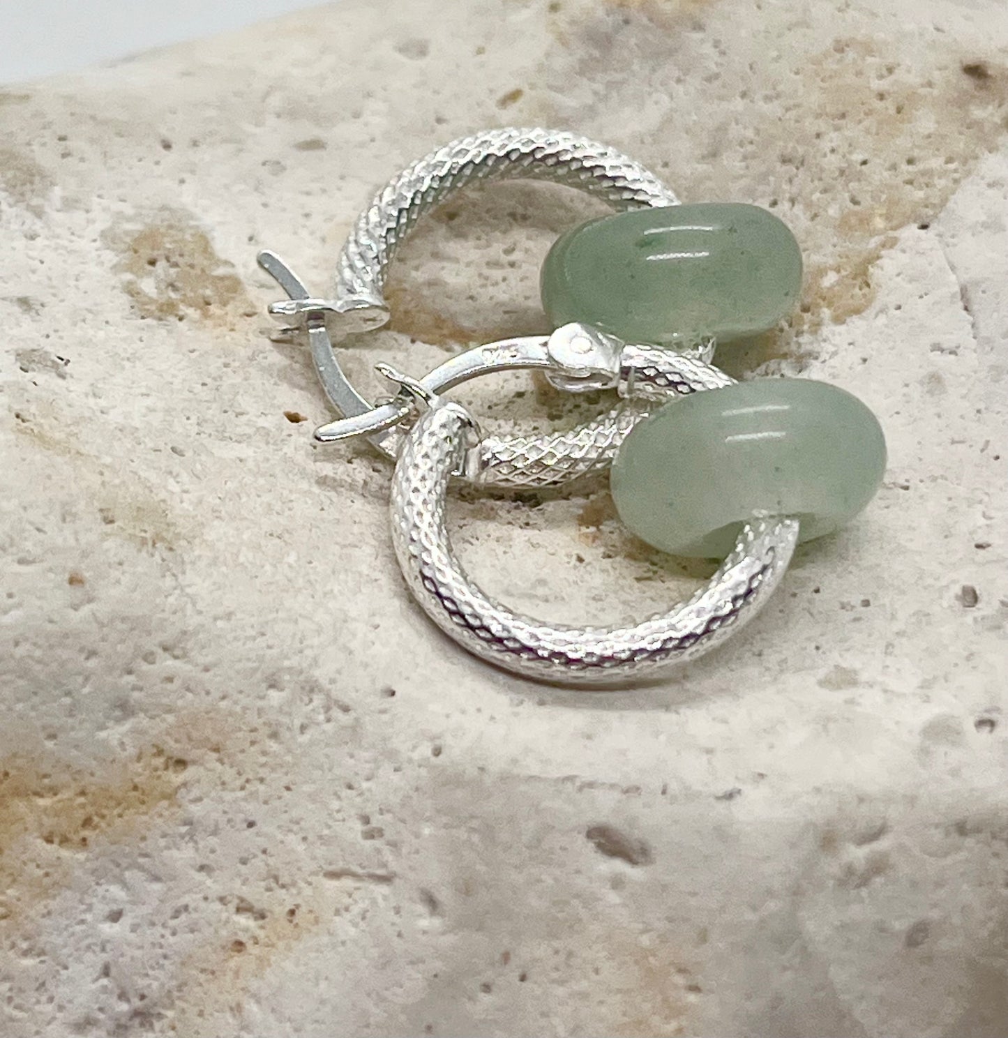 'Aventurine Dream' Sterling Silver & Green Aventurine Crystal Diamond Cut Donut Hinged Hoop Earrings