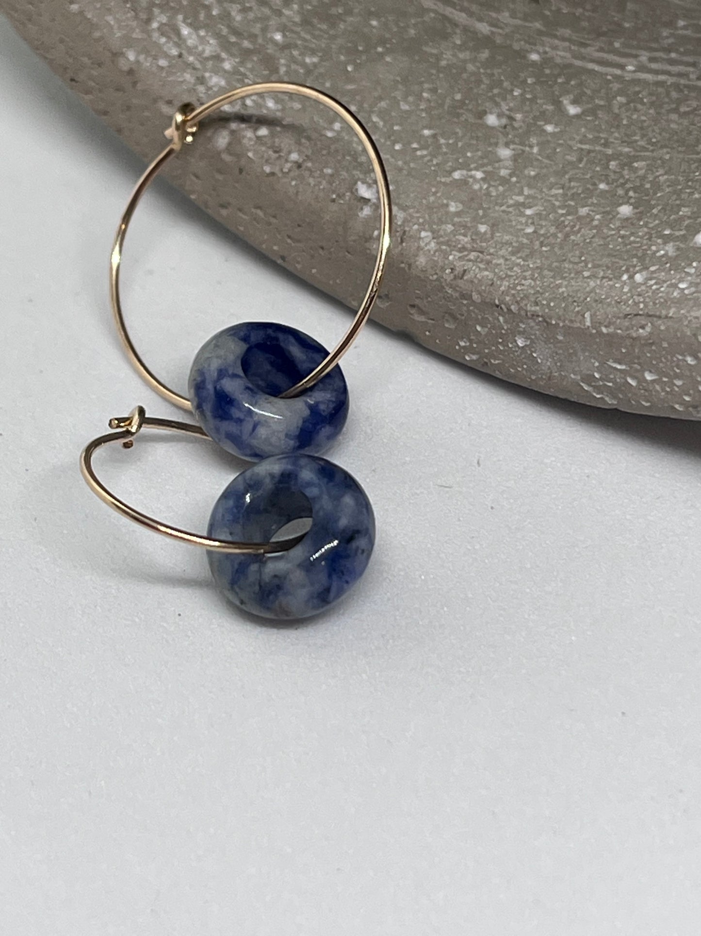 ‘Blue Zen’ 14k Gold Blue Spot Jasper donut plain fine wire ear hoop earrings