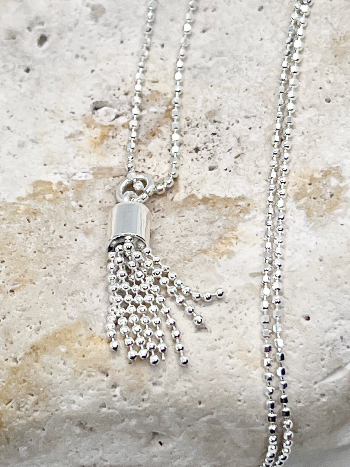 925 'Tassel Love' Tassel Heart Charm Necklace - Sterling Silver Diamond Cut Ball Chain