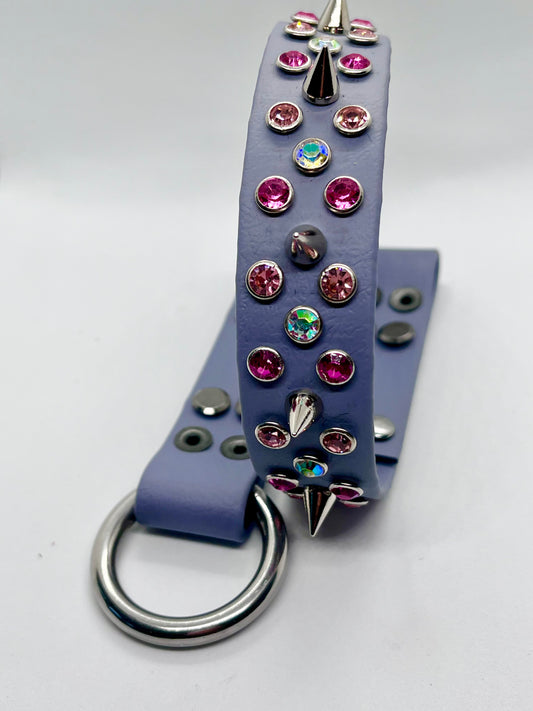 ‘Rhinestone Rebel’ all out pink rhinestone crystal grey BioThane® sparkly pink & iridescent spiked dog collar with stainless steel hardware