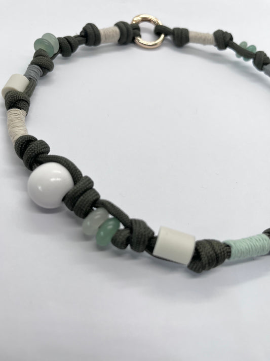 EM Paracord boho style collar olive beaded green with  genuine Aventurine ceramic pet collar fleas & tick prevention