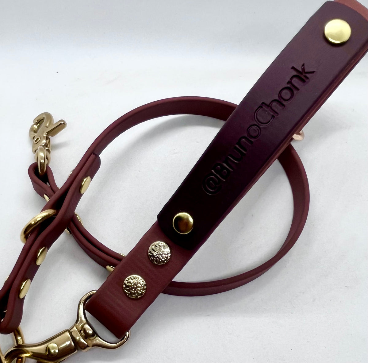 'Bruno Chonk' Personalised Embossed Detachable Clip On Lead Handle Solid Brass