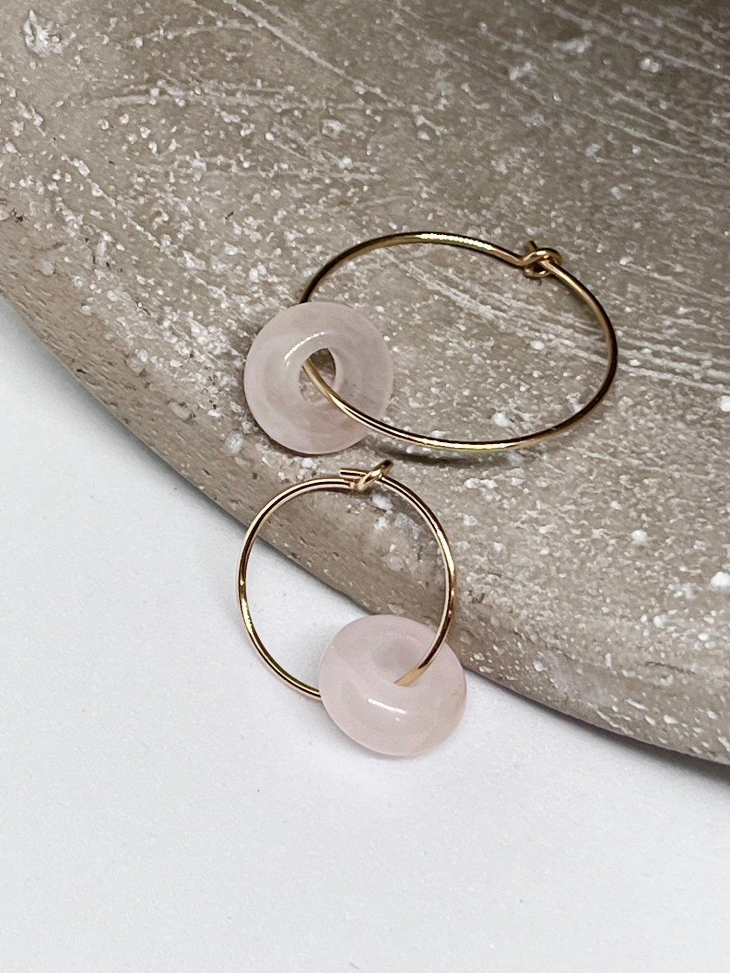 'Rose Zen' 14k Gold Rose Quartz Donut Plain Fine Wire Ear Hoop Earrings