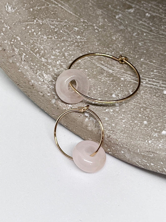 'Rose Zen' 14k Gold Rose Quartz Donut Plain Fine Wire Ear Hoop Earrings