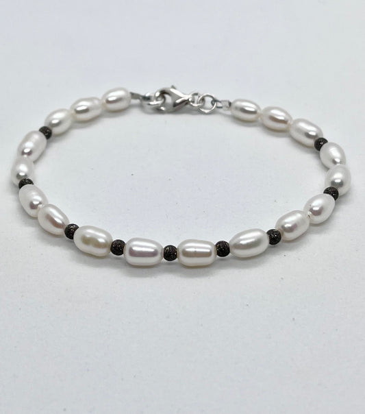 925 sterling silver 'Laser-cut Pearl’ unisex mens silver ball bead charm bracelet genuine freshwater pearls