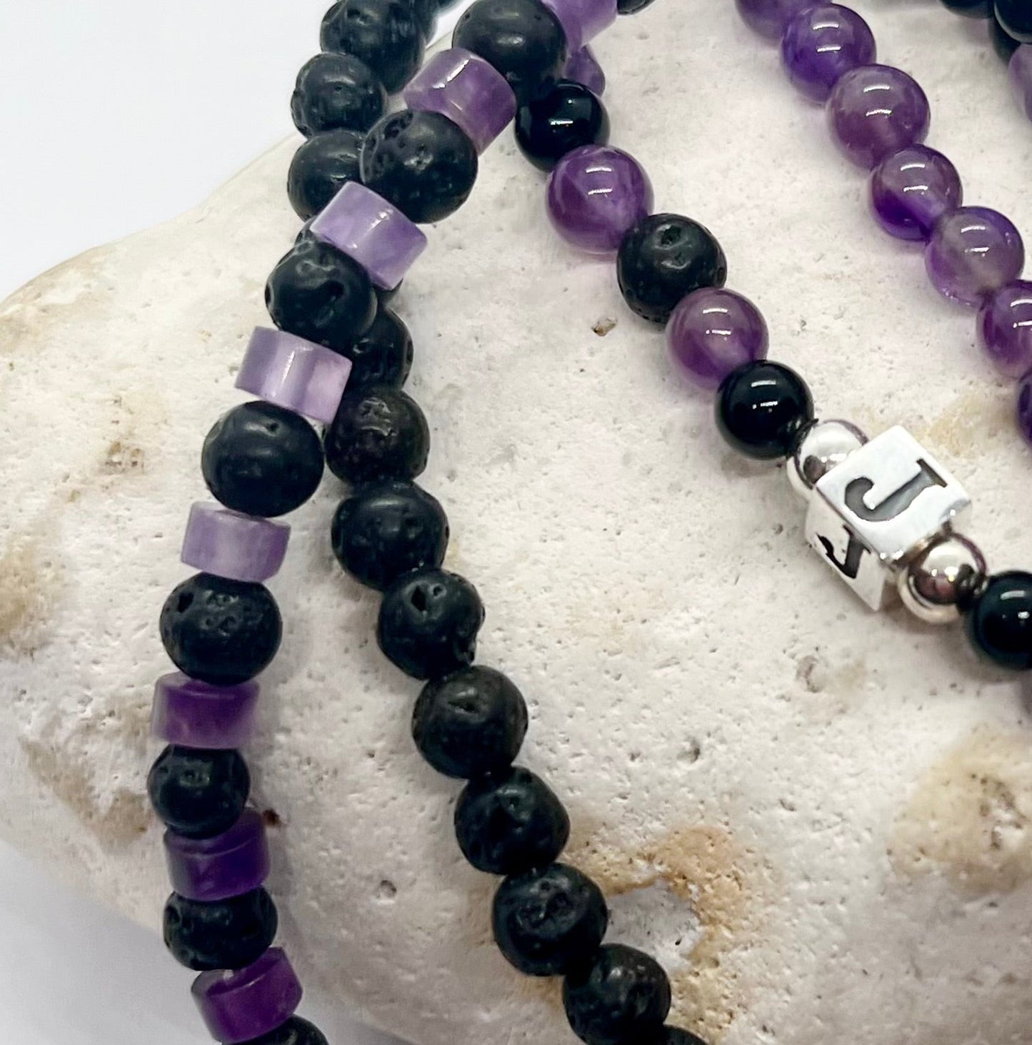 'Amethyst Cube Charm’ unisex genuine Amethyst, Black Onyx, Lava bead & 925 sterling silver personalised cube letter bracelet