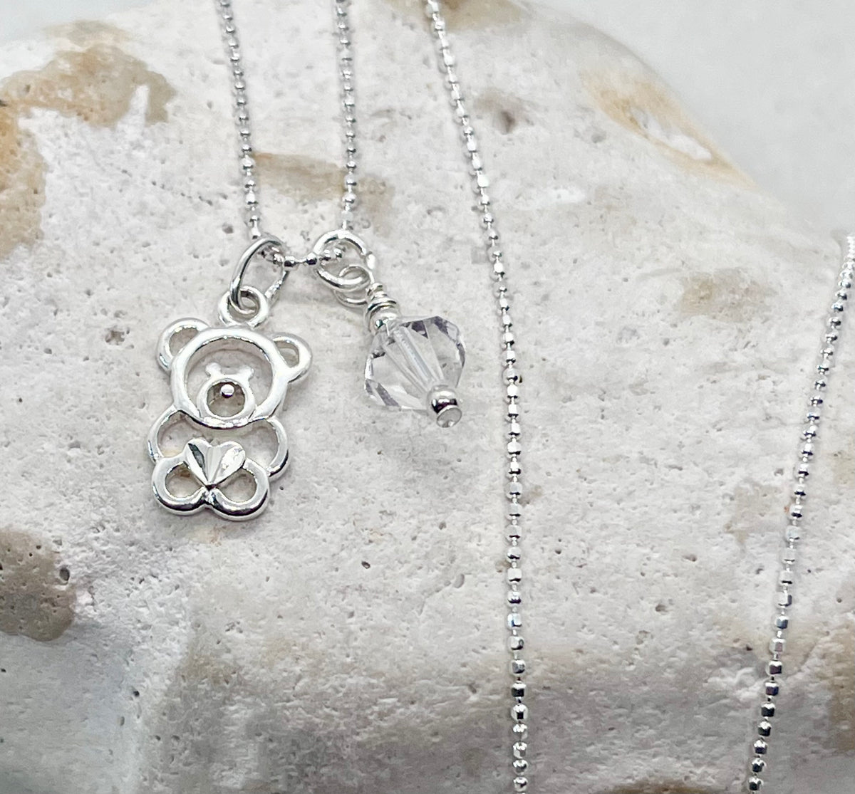 925 'Teddy Birthstone' Charm Necklace - Sterling Silver Diamond Cut Ball Chain & Heart Charm