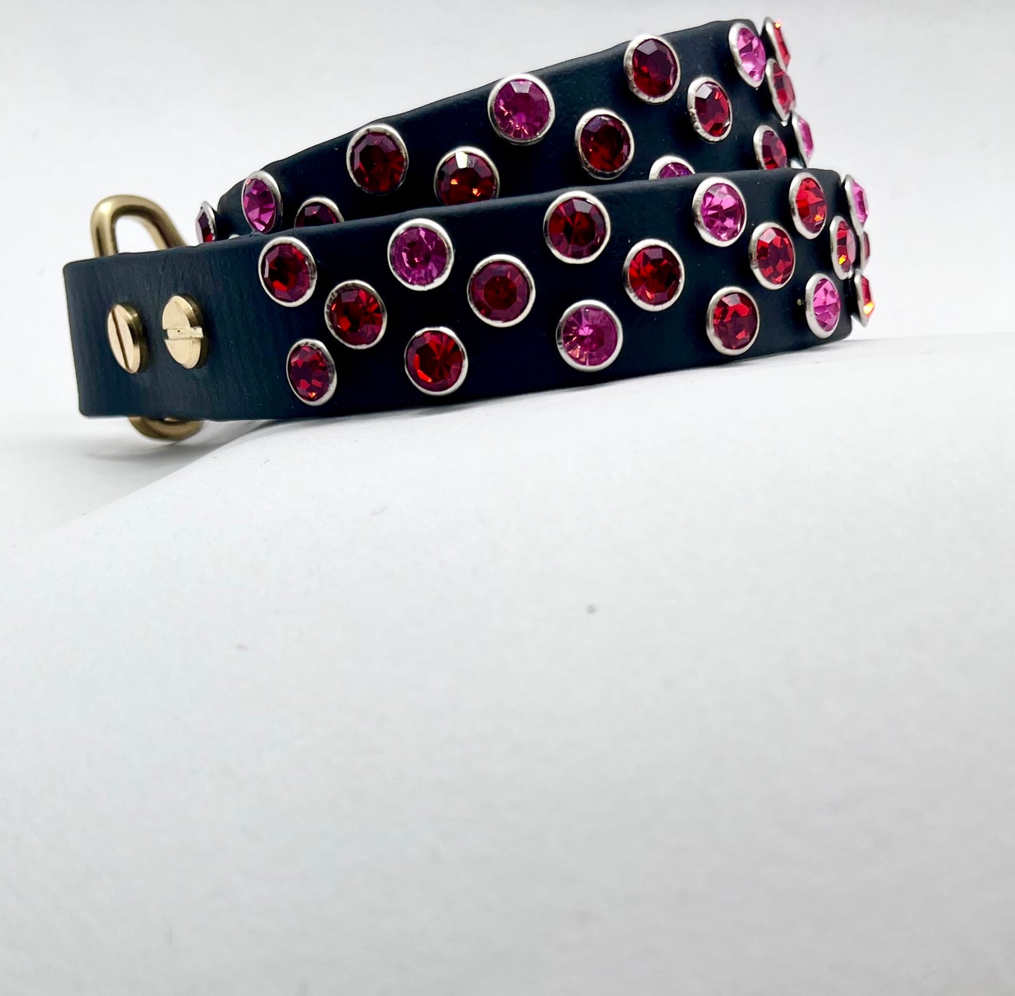 Diamanté Storm Black BioThane Dog Collar - Red & Pink Diamanté with Solid Brass
