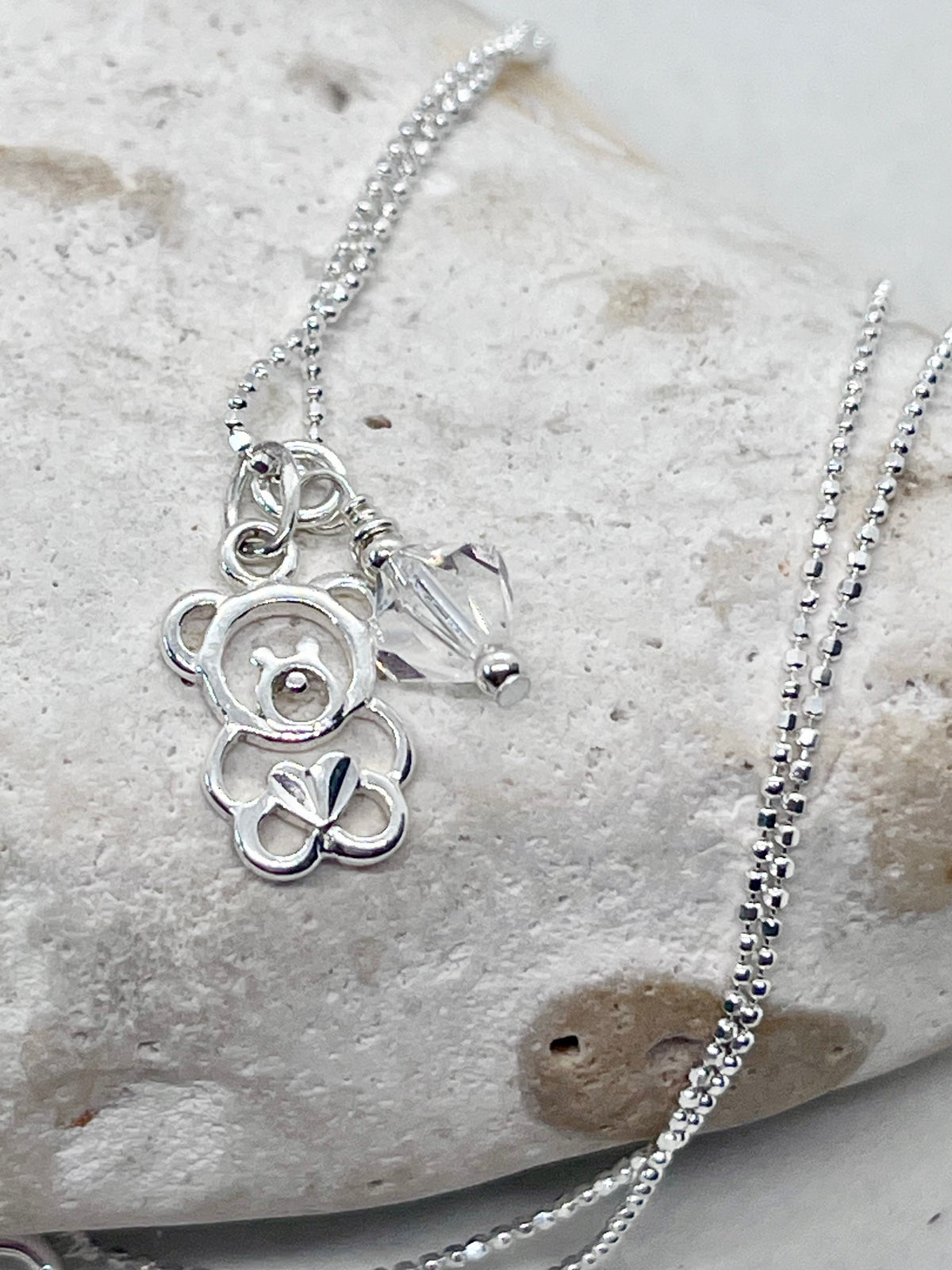 925 'Teddy Birthstone' Charm Necklace - Sterling Silver Diamond Cut Ball Chain & Heart Charm