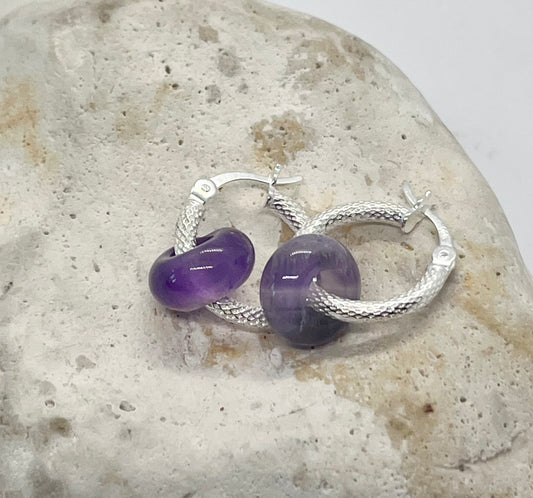 925 sterling silver Amethyst doughnut diamond cut hinged ear hoop earrings