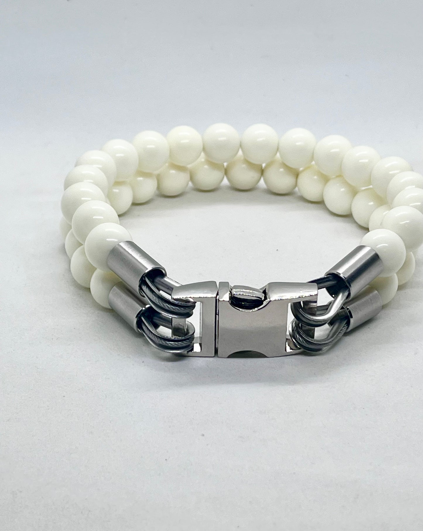 'Glow Up' Double White Beaded Stainless Steel Dog Collar20mm